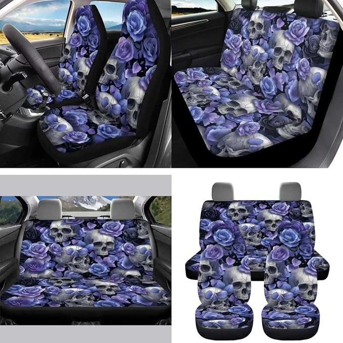 15 Pcs Light Purple Skull Car Seat Covers Full Set for Women Goth Accessories Interior Car Steering Wheel Cover Seatbelt Covers Trash Bin Rear View Mirror Cover Cup Holders Keychain