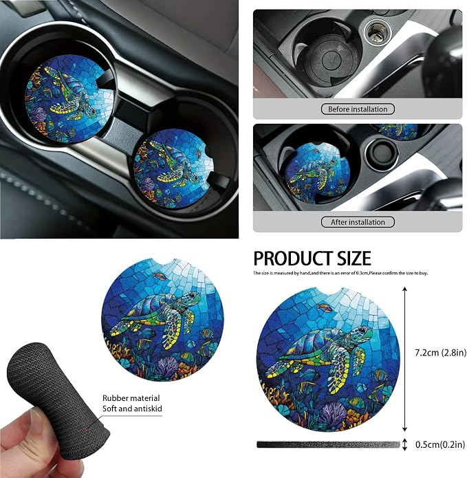 Turtle Coral Glass Print 15 Pack Car Accessories Set Car Seat Covers Steering Wheel Cover Seatbelt Strap Pad Garbage Cans Air Vent Storage Holder Rearview Mirror Cover Coasters Keychain