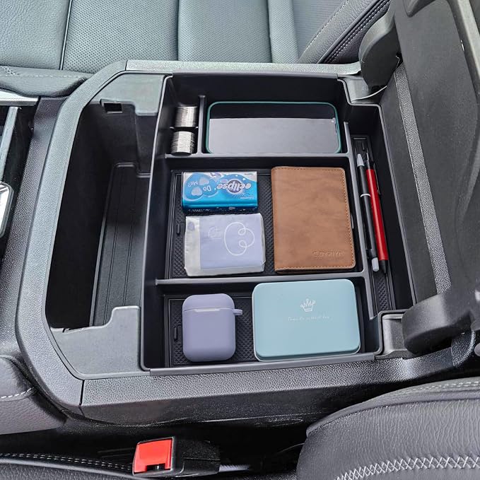 TOPINSTALL Dash Center Console Tray and Power-Sliding Console Black Tray Compatible with 2021-2023 2024 Tahoe/Suburban/Yukon Accessories, Full-Size Armrest Organizer New Dashboard Storage Organizer