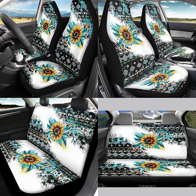 Retro Sunflower 12 Pieces Car Seat Covers Sets Steering Wheel Cover Steering Wheel Cover Car Console Covers Cars Seat Belt Cover Personalized for Most Cars, SUVs
