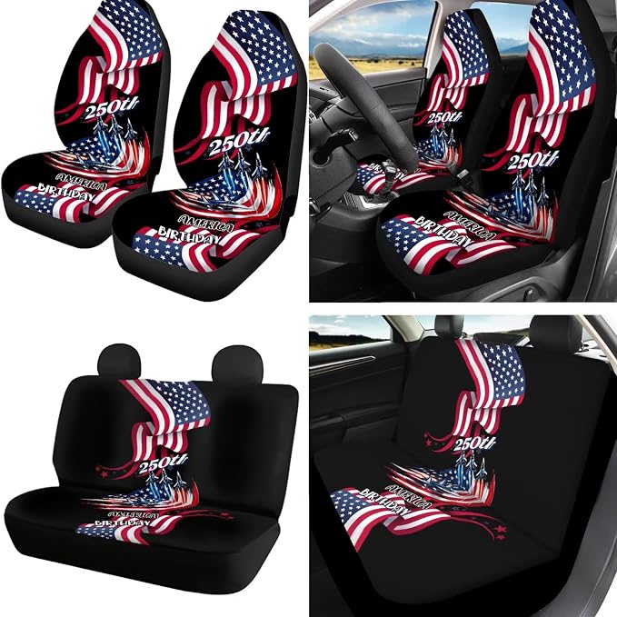 American Flag Print Car Seat Cover Full Set 250 Years Theme Bucket Seat Covers for Car Front Back Seats with Headrest Covers Steering Wheel Cover Safety Belt Pads Cup Coasters
