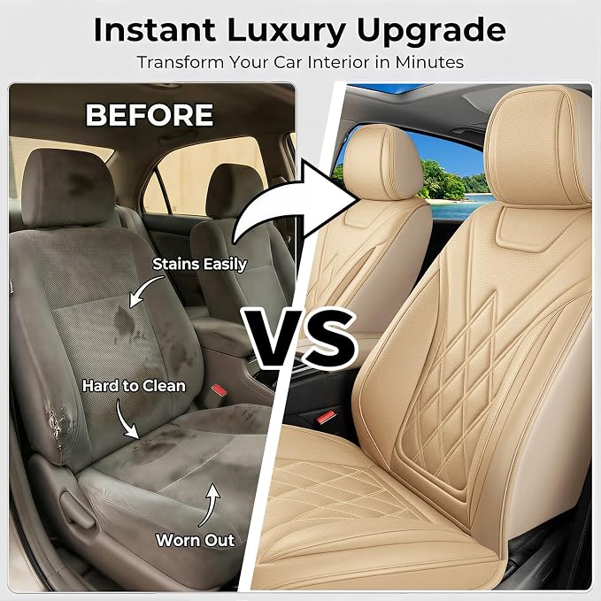 Fit Escape Car Seat Covers for Ford Escape 2001-2025 2026 - Luxury Leather, Anti-Slip, All-Weather Seat Cushions, Waterproof & Breathable, Airbag Compatible, Full 5-Seat Set (Beige)