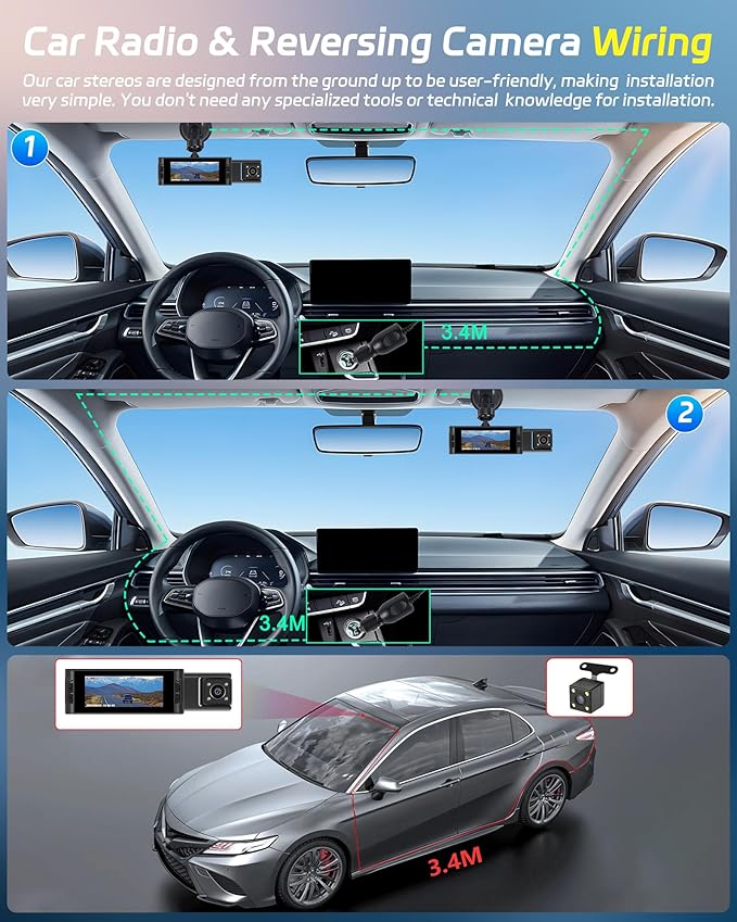 3 Channel Mirror Dash Cam 1080P Front and Rear Inside with 64GB Card 3.16'' IPS Screen Dash Camera Support G-Sensor Motion Detection Loop Recording Parking Assistance Exposure Compensation