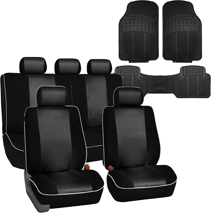 FH Group Automotive Seat Covers Edgy Piping Seat Covers Full Black Set Interior Accessories,Universal Fit Combo Vinyl Floor Mats Seat Covers Car for Cars and Vans Airbag and Split Rear Automotive