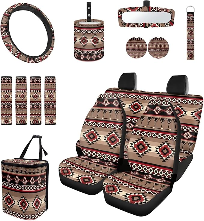Brown Geometric Aztec Print Car Seat Covers Full Set Front Back Split Bench Protector Car Steering Wheel Cover Seatbelts Pads Coaster Keychains Universal Fit Truck, SUV, or Van Forest Hunting