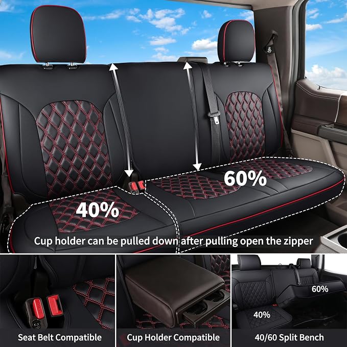 Huidasource Full Coverage F150 Seat Covers Cushion Protector Fit for 2015-2026 Ford F150 SuperCrew & 2017-2026 F250 F350 F450 Super Duty Crew Cab XL XLT Lariat King Ranch Platinum(Full Set/Black&Red)