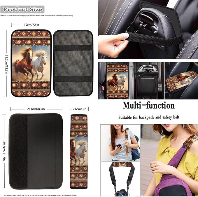 Dreaweet Aztec Horse Seat Covers for Cars Full Set,Brown South Western Car Accessories Steering Wheel Cover/Armrest Cover/Seatbelt Covers/Car Coasters/Gear Shift Cover/Handbrake Cover,12 Pcs Set