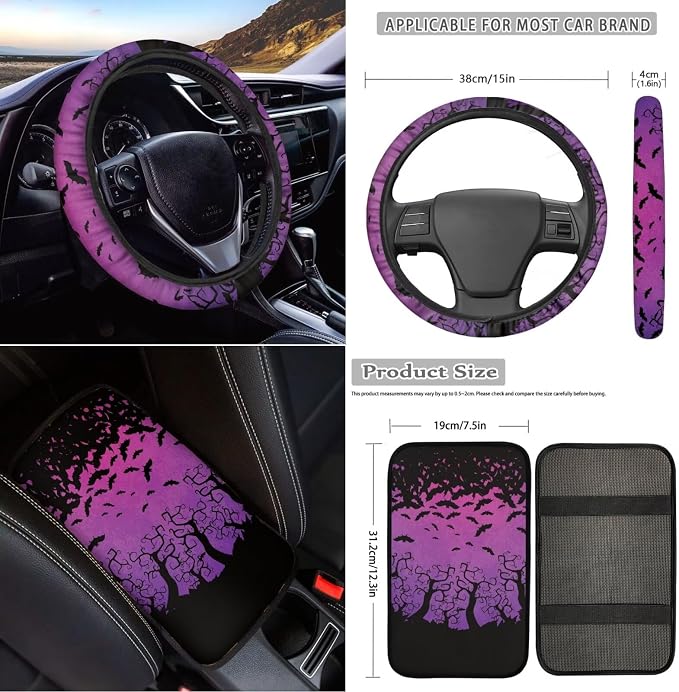 18 Pc Gothic Bat Car Seat Cover Set - Universal, Armrest, Steering Wheel, Seat Belt, Cup Coaster, Handbrake & Keychain - Purple
