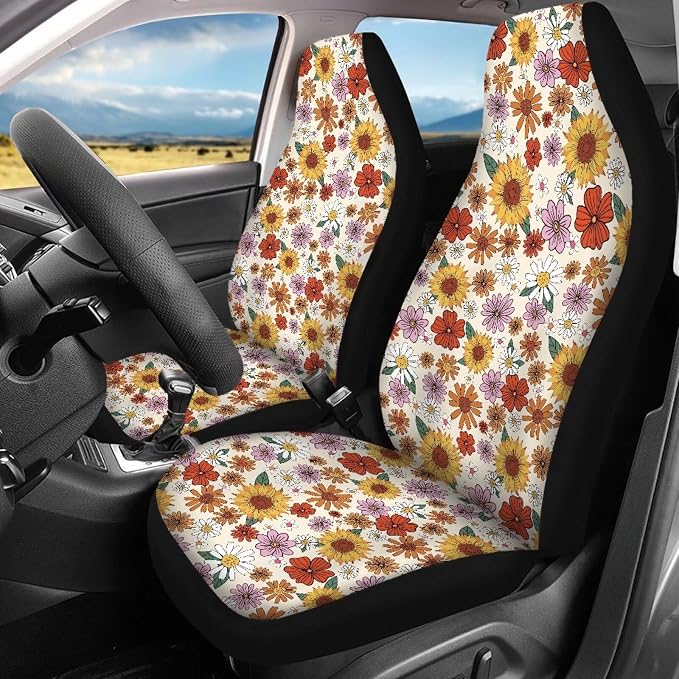 JEOCODY Hippie Flower Car Seat Cover Set with Steering Wheel Cover + Auto Coasters + Keychains + Car Seat Belt Pads Cover Full Set 11 Pack Car Accessories for Women Men Gifts