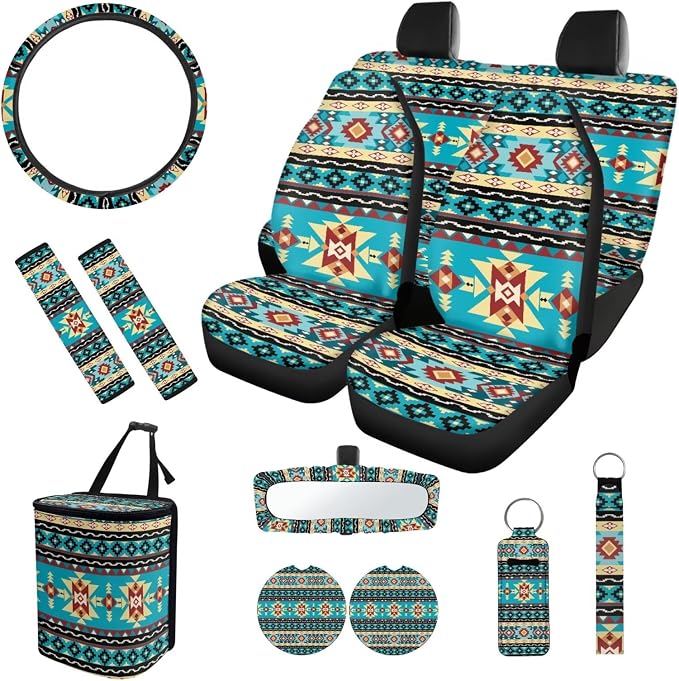 12 Pack Car Seat Covers Full Set Southwestern Aztec Tribal Steering Wheel Cover Seat Belt Pads Car Trash Can Coasters Rear View Mirror Cover Keychain Holder Keychains Accessories