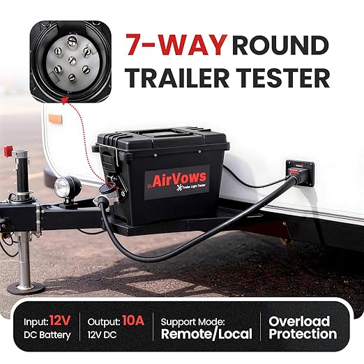 Trailer Light Tester Compatible with 7-Way Round Pin Connectors,Support Wireless Remote Control,98FT Max Remote Range,IPX8 Waterproof Case,Requires a 12V Battery (Not Included),2-Year Warranty