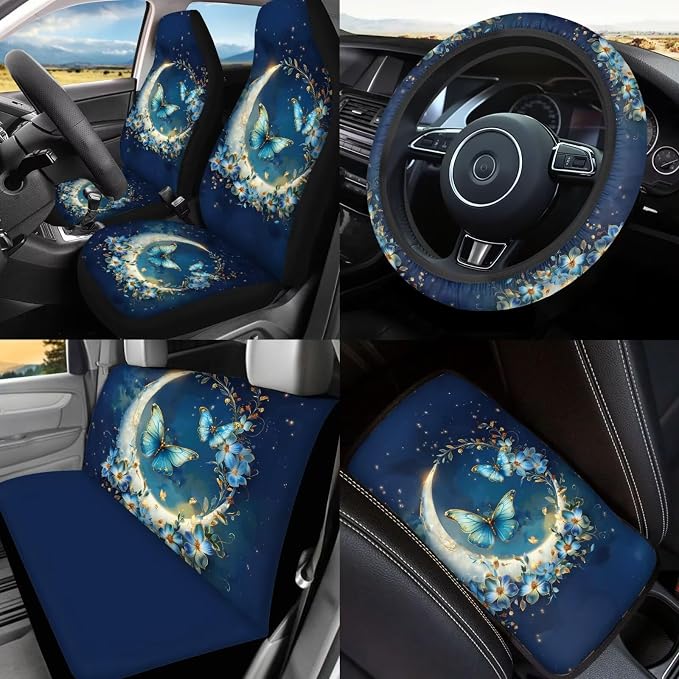 Blue Butterfly Car Accessories Set 17 Pack,Moon Car Seat Covers Full Set with Front and Rear,Headrest Covers,Steering Wheel Covers,Rear View Mirror Cover,Handbrake Sleeve Cover Key Chain