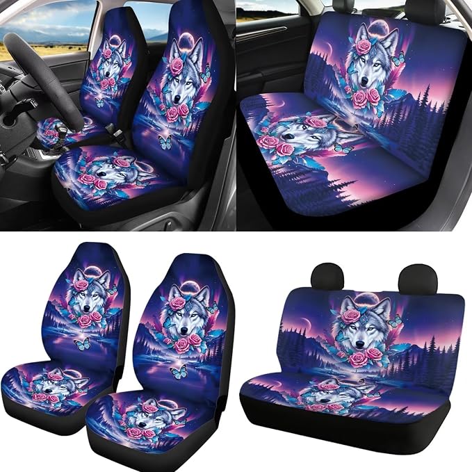Wolf Rose Print Car Seat Covers Full Set with Steering Wheel Cover Non Slip Seatbelt Covers Set of 4, Universal Auto Seat Protector for Most Vehicles, Purple