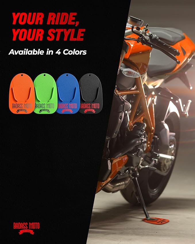 Badass Moto Motorcycle Kickstand Pad - Kick Stand Puck, Coaster Plate for Harley Davidson, Touring & Sport Bikes - Motorcycle Accessories for Grass, Dirt, Hot Pavement Parking Pad - Orange(4-Pack)