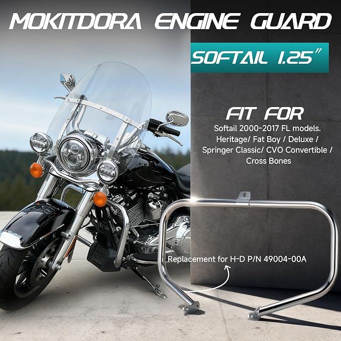 MoKitDora Softail Engine Guard Highway Crash Bar 1.25" Fat for Harley 2000-2017 FL Heritage Classic Deluxe Fat Boy FLSTF Models, Chrome
