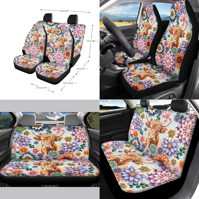 Boho Mandala Highland Cattle Pattern Car Accessories Car Seat Covers Full Set with Steering Wheel Covers+Seat Belt Pads+Coasters+Keychain+Lipstick Holder Universal Fit(13 Pack)