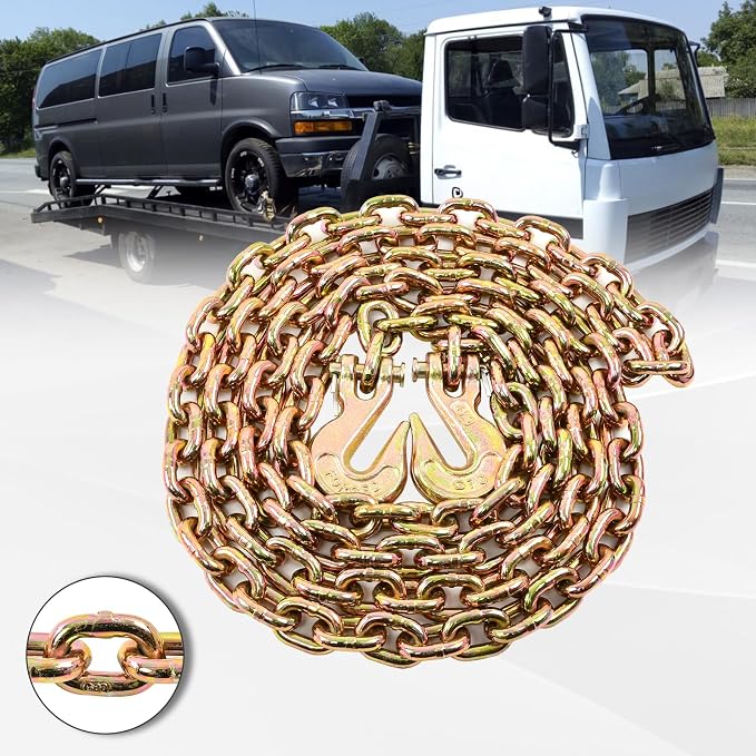 Heavy Duty G80 Transport Binder Chain 5/16'' Inch x 10 Feet,Tow Chain with G70 Clevis Grab Hooks,4900 lbs Safe Working Load Logging for Transporting, Towing(5/16'' x 10FT Yellow).