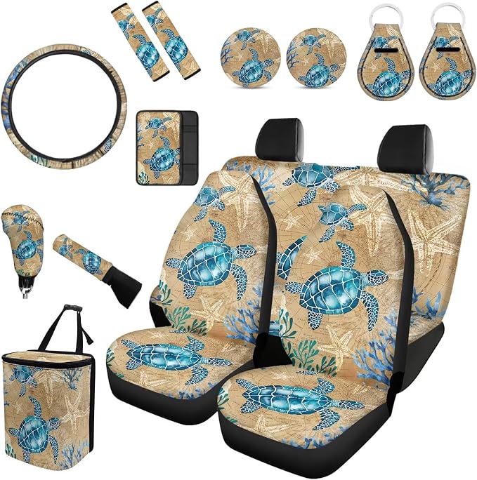 Forchrinse Vintage Stylish Car Seat Covers for Women Sea Turtle Seat Cover Combo Set with Steering Wheel Armrest Seatbelt Covers Trash Can Key Chain,15Pcs Car Interior Set