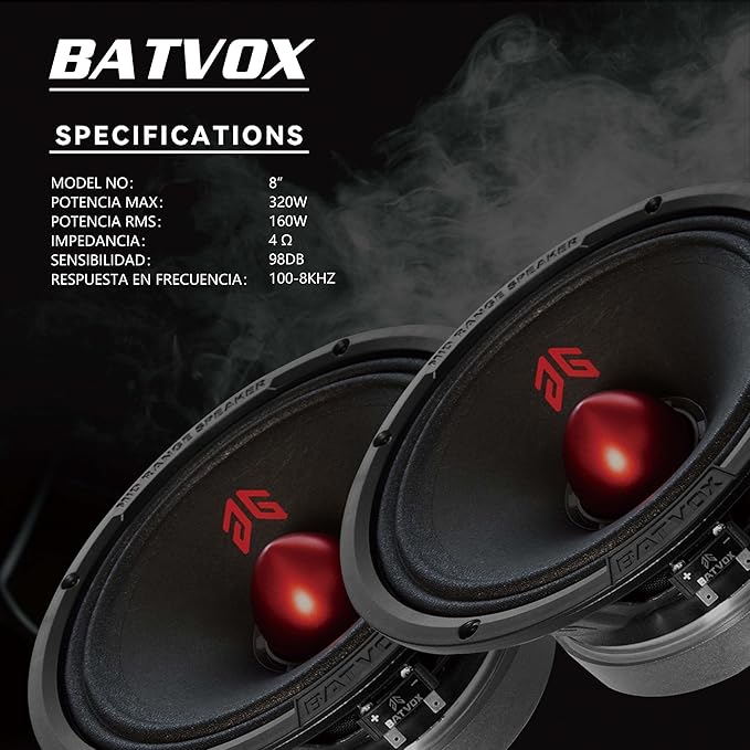 MX80E2 Loudspeaker 8 Inch Midrange 640 Watts 4 Ohms Red Bullet, Premium Quality Audio Door Speakers for Car or Truck Stereo Sound System, Black (2 Speakers)