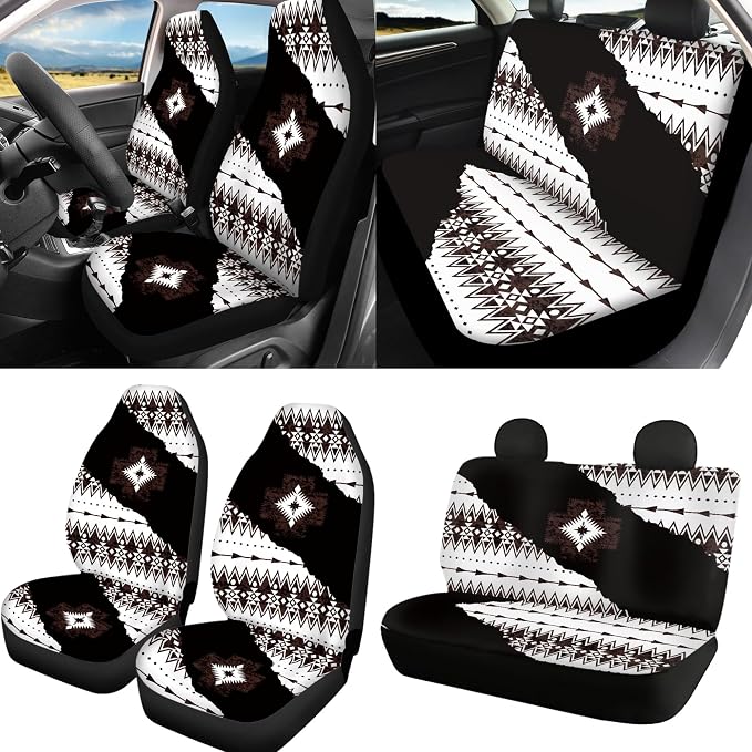 Aztec Najavo Auto Seat Covers Full Set with Steering Wheel Cover Shoulder Pads, Bucket Car Seat Covers Car Accessories Universal Fit for Most Cars, Black and White