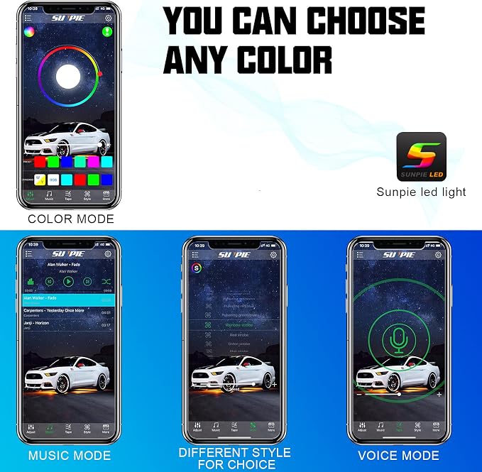 SUNPIE 8 Pods 210 Degrees Wide Angle RGBW Rock Lights Phone App Voice Mode Music Mode Automatic Control Neon Light Kit Wheel Well Lights for Off Road Truck SUV ATV UTV Boat