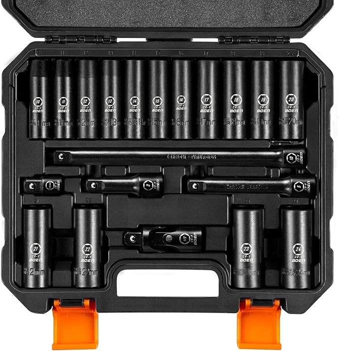 Boen 35 Pieces Impact Socket Set, 1/2 Inch Drive & 3/8 Inch Drive SAE (1/4" to 1") and Metric (10-24mm), Extension Bars, Universal Joint and Adapter, 6 Point Design, Meets ANSI Standards