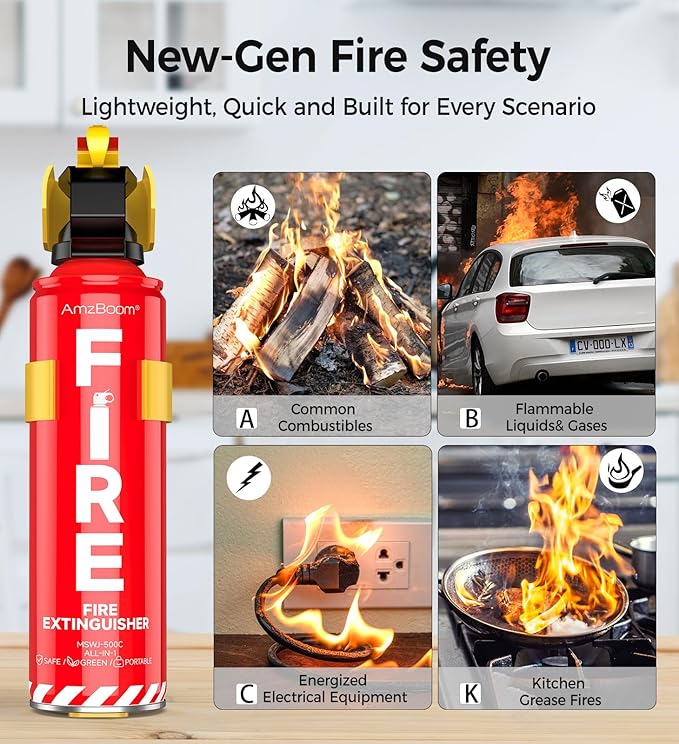 AmzBoom 2-Pack Fire Extinguisher Kit,Compact ABCK Spray for Home, Kitchen, Car, Grill | Eco-Friendly, Anti-Reignition | Mounting Bracket.