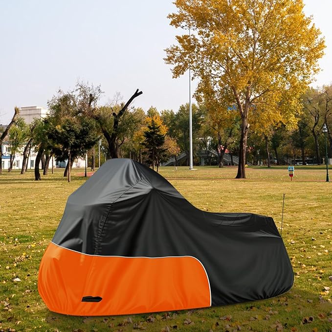 Motorcycle Cover Fits for Harley Davidson Road King Road Glide Electra Glide Low Rider-ST HD Goldwing, All Weather Waterproof Cruiser Motorcycle Cover, Black&Orange