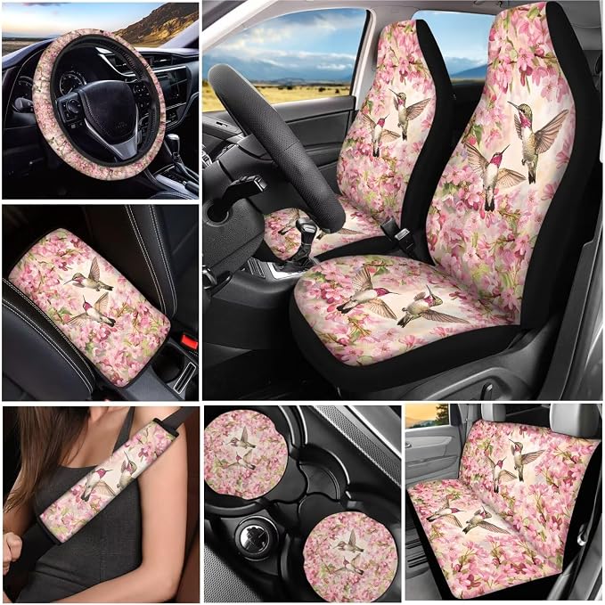 Hummingbird Flowers 13 Pack Car Seat Covers Full Set Steering Wheel Cover Seat Belt Cover Keychain Holder Armrest Cushion Protector Universal Fit Most Vehicles Cars SUV