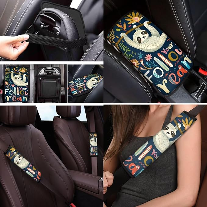 Mumeson Sloth Car Seat Covers Auto Front and Rear Cushion Covers with Steering Wheel Cover Seat Belt Shoulder Pads + Car Armrest Cushion Interior Accessories