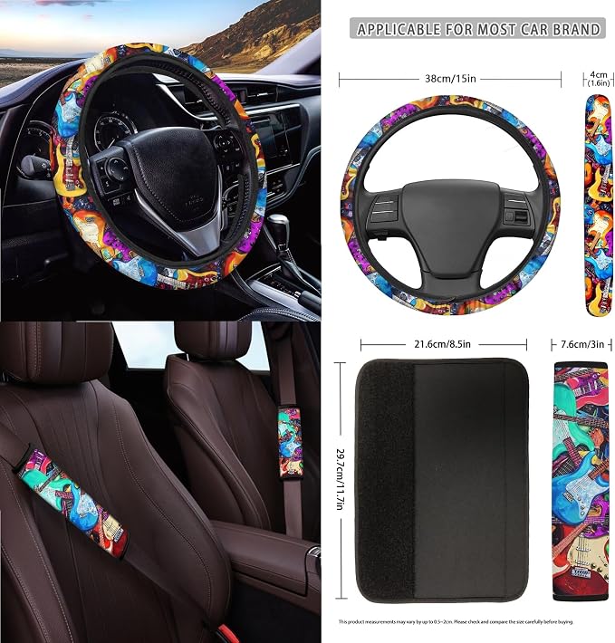 Colorful Guitar Print 15 PCS Car Front Back Seat Covers Full Set, Steering Wheel Cover Seatbelt Strap Pad Trash Cans Rear View Mirror Cover Air Vent Storage Bag Cup Coasters Keychain