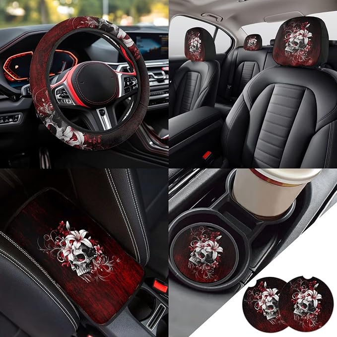 Bloody Hibiscus Skull Car Seat Cover Full Set of 13, with Front & Rear Seats, Seat Belt Covers, Armrest Covers, Keychains, Coasters, Universal Fit for SUV Trucks Sedan