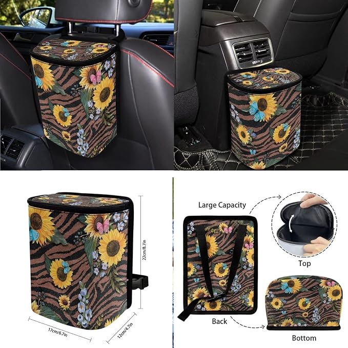 Sunflower Butterfly Stripe Print 10 Pcs Car Accessories, Car Front and Rear Seat Covers Full Set Steering Wheel Cover Air Vent Pounch Box Car Rubbish Bin Cup Coasters Keychain for Women Men