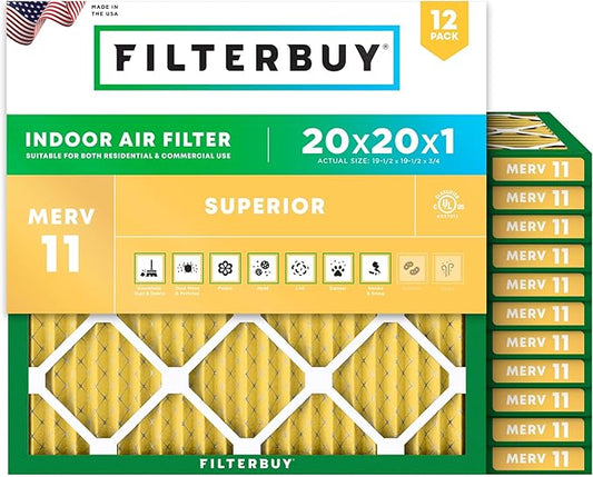 Filterbuy 20x20x1 Air Filter MERV 11 Superior Pet & Allergy Defense (12-Pack), Electrostatic Pleated HVAC AC Furnace Filters Replacement (Actual Size: 19.50 x 19.50 x 0.75)