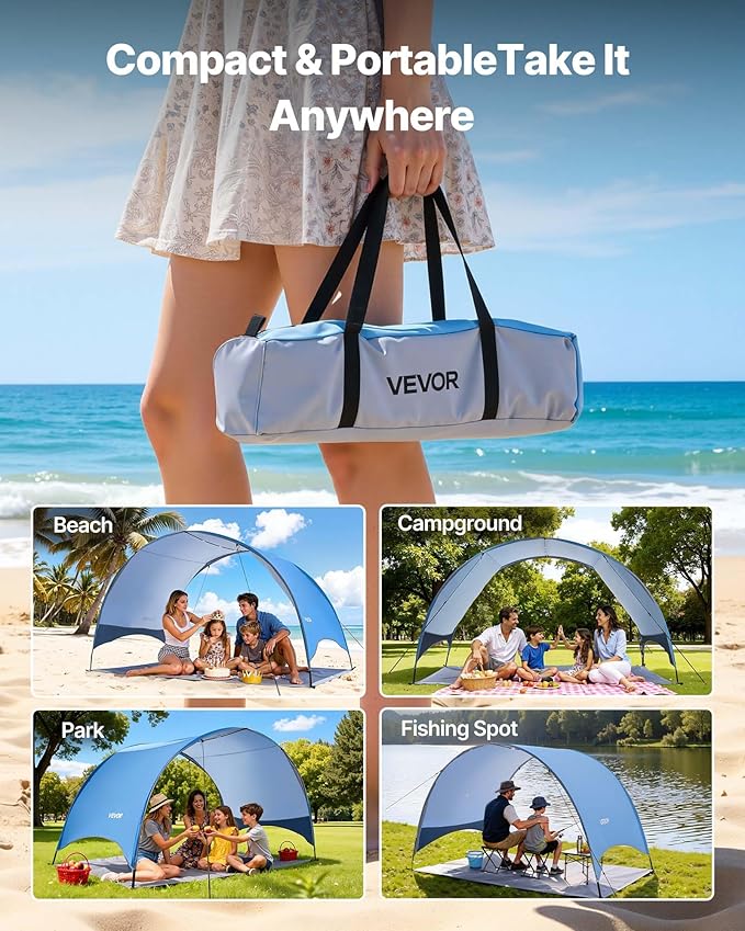 VEVOR Beach Tent Sun Shelter for 4 Person, UPF 50+, Portable Sun Shade Beach with Carrying Bag & Ground Stakes, Lightweight and Easy Setup Beach Umbrella for Camping Fishing Outdoor Picnic