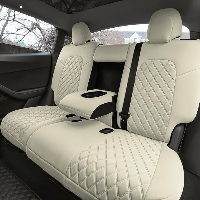FH Group Custom Fit Car Seat Covers Specifically Made for 2020-2025 Tesla Model Y Ultraflex Neoprene Water Resistant Automotive Seat Covers - Rear Set Solid Beige