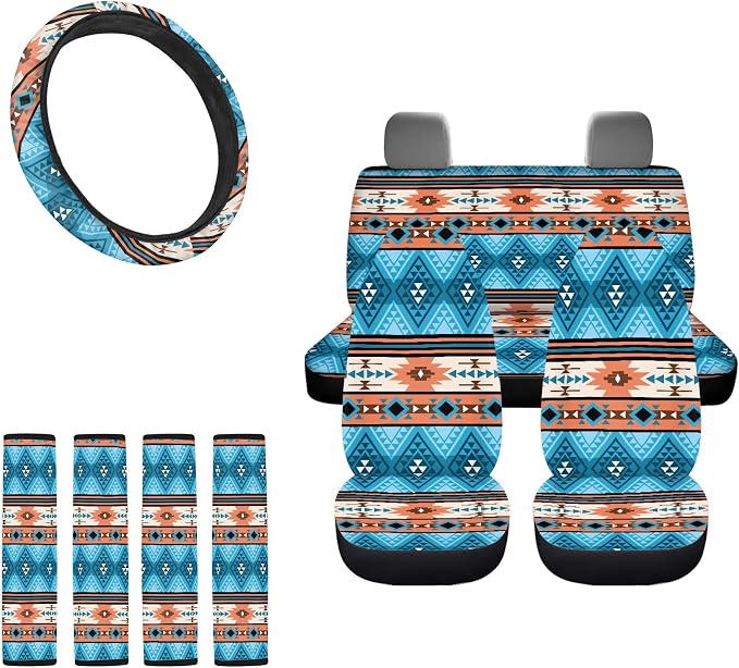 Aztec Seat Covers Full Set with Aztec Steering Wheel Cover, Shoulder Pads, Aztec Auto Seat Protector Car Accessories Universal Fit for Most Cars, Blue
