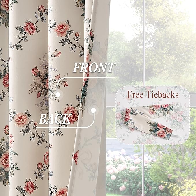 StangH French Country Rose Floral Velvet Curtains, Cream Shabby Chic Ribbon Bow Printed Window Drapes Romantic Privacy Panels for Girls Room Nursery, W52 x L84, 2 Panels