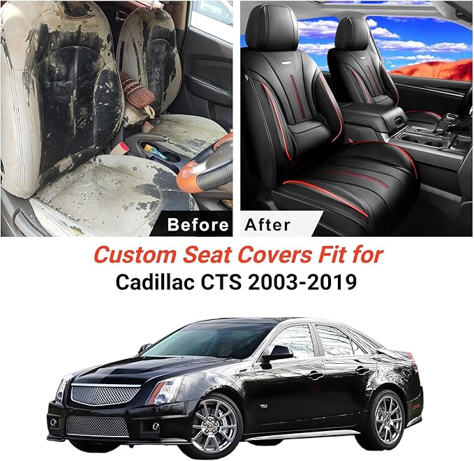 Fit CTS Car Seat Covers (Front Pair) for Select Cadillac CTS 2003-2019 - Premium Full Coverage Leather, Airbag Compatible & Scratch-Resistant, Waterproof & All Weather Seat Protector, Red Trim