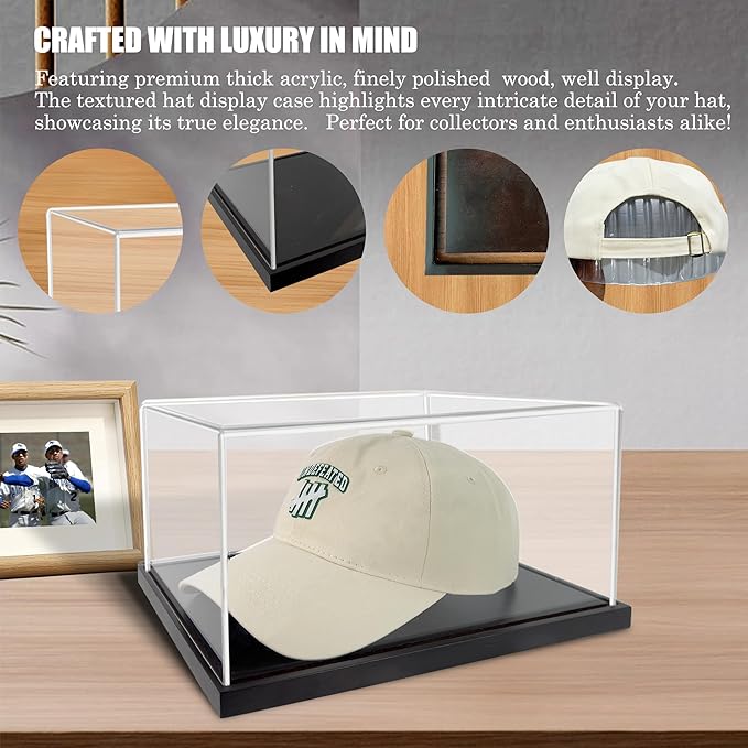 Hat Display Case, Clear One-Piece Acrylic Baseball Cap Showcase with Solid Wood Base & Hat Shaper, UV Protection Memorabilia Display Box for Signed Caps, No Assembly Required (12.5" x 9" x 6.5")