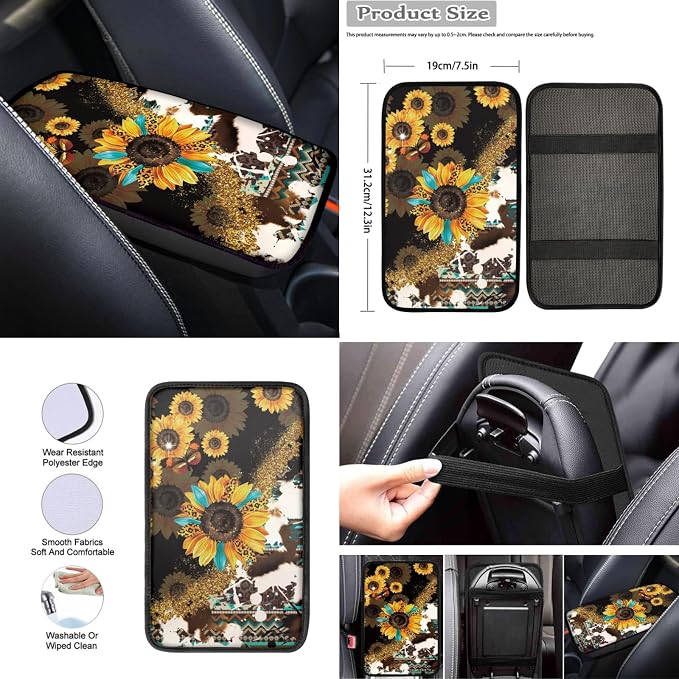 Wanyint Sunflower Aztec Leopard Cow Print Car Seat Cover Set 12 PCS, Front Back Car Seat Covers Steering Wheel Cover Armrest Pad Handbrake Cover Gear Shift Cover Seat Belt Pads Coasters Auto Decor