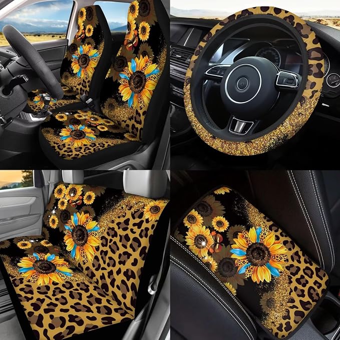 17 Pack Leopard Print Car Seat Covers Full Set for Front and Rear,Sunflower Car Accessories Sets with Women Man with Mirror Cover,Steering Wheel Cover,Auto Trash Can with Lid,Universal Fit