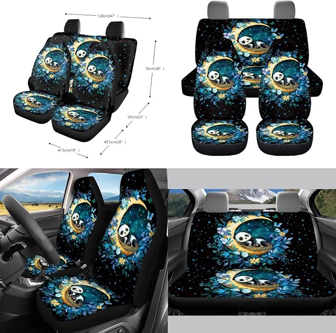 Panda Moon Floral Pattern Car Seat Covers Full Set, 10 Pcs Waterproof Car Accessories Steering Wheel Cover Car Trash Bin Keychain Cup Coasters Air Vent Storage Box for Women Men
