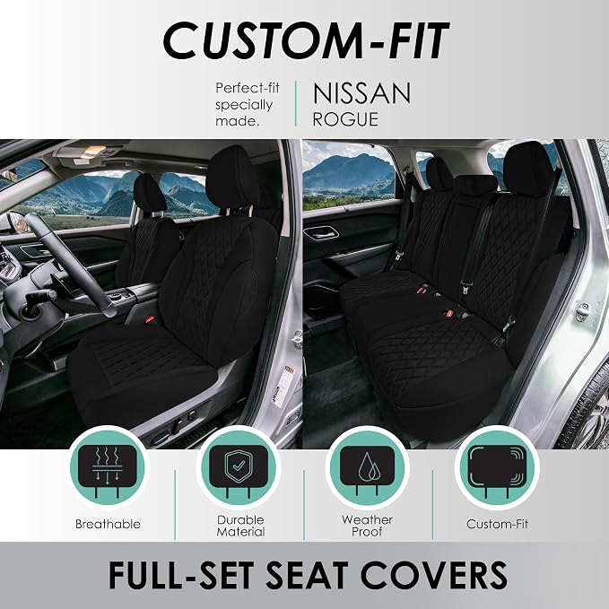 FH Group Custom-Fit Car Seat Covers Specifically Made for 2021-2026 Nissan Rogue, Full Set Black Ultraflex Neoprene Waterproof Automotive Seat Cover
