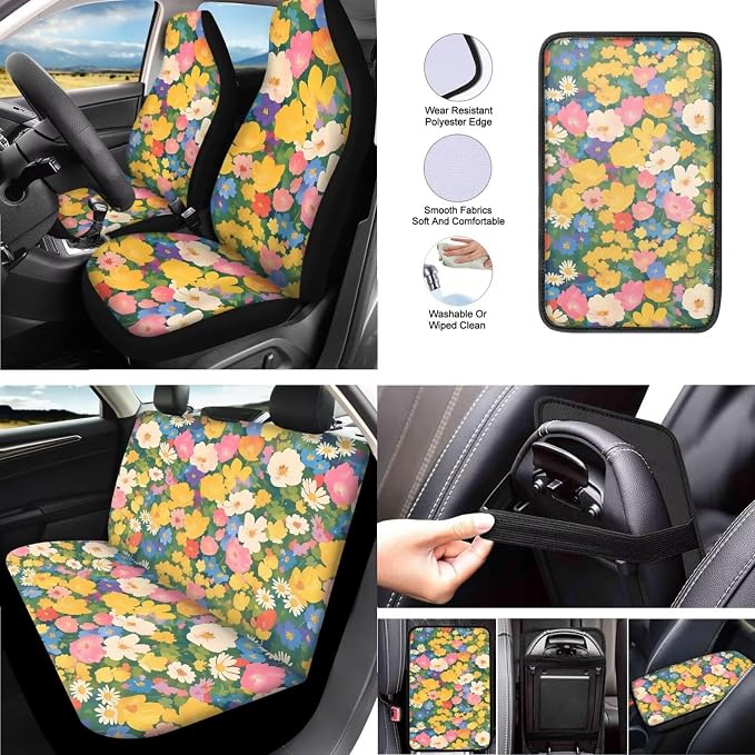 13 Pack Rainbow Wild Flower Car Seat Covers, Colorful Wildflowers Steering Wheel Cover Seat Belt Pads, Abstract Floral Geometric Auto Front and Rear Bench Seat Cover