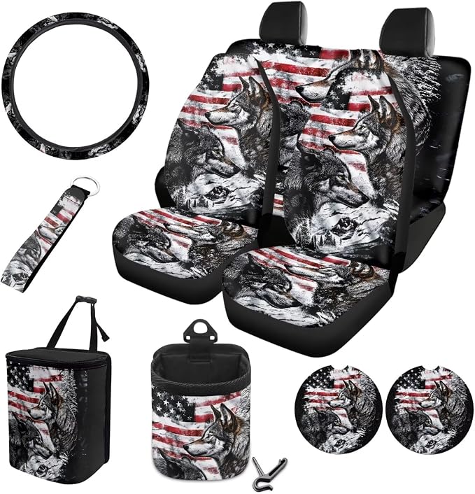 Wolf American Flag Pattern Auto Accessories Set of 10, Front and Rear Seat Covers Full Set, Steering Wheel Cover, Air Vent Storage Bag, Keychain, Car Trash Can, Cup Holders Car Interior Decor