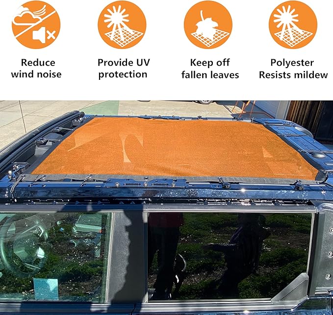 sukemichi Sunshade for Ford Bronco,Mesh Sun Shade Bikini Top Cover Bimini Top for Ford Bronco Accessories 2021 2022 2023 2024 2025 2026 4 Door - Blocks UV, Wind, Noise(Orange)