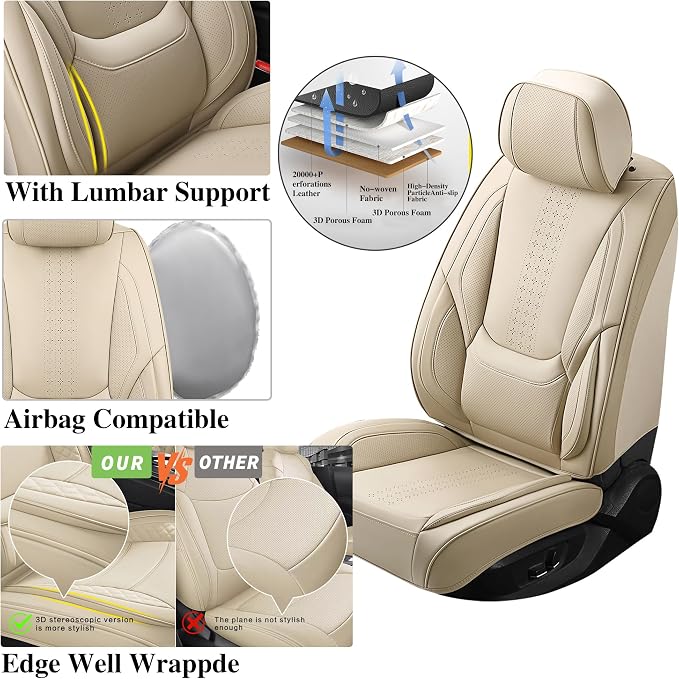 Car Seat Covers Full Set, Beige Leather Seat Covers, Breathable Front and Back Car Seat Protectors, Wear-Resistant Seat Covers Universal Fit for Most Cars SUV Truck (Beige-Solid, Full Set)