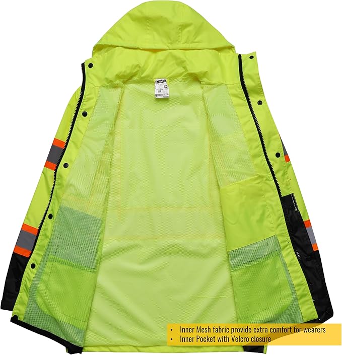 JKSafety Hi-Vis Reflective Safety Rain Jacket and Pants for Men Women Waterproof Rain Gears for Farming Fishing Work HV Rain Suit with Inner Mesh Lining and Pockets (117-Yellow L)