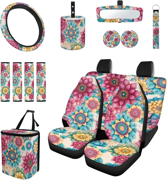 Boho Blossoms 15 PCS Car Seat Cover Set with Auto Steering Wheel Cover Seat Belt Strap Protector Cup Holder Trash Bag Rear View Mirror Protector Keychain